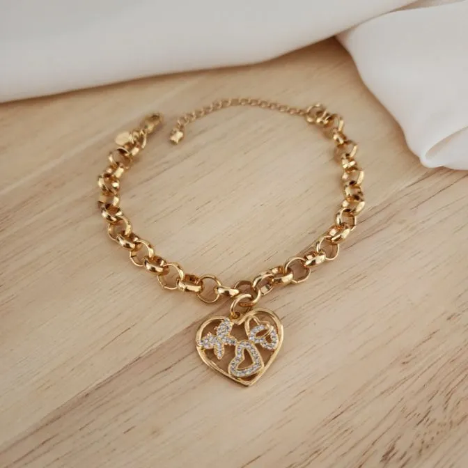PULSEIRA DOURADA ELO PORTUGUÊS COM PINGENTE DE CORAÇÃO CRAVEJADO