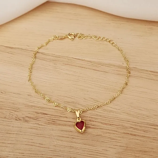 PULSEIRA DOURADA ELOS CORAÇÃO COM PINGENTE DE CORAÇÃO ZIRCÔNIA VERMELHA