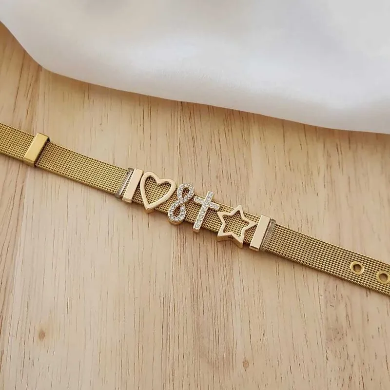 PULSEIRA RELÓGIO AÇO DOURADO AJUSTÁVEL COM CHARMS CORAÇÃO/INFINITO/CRUZ/ESTRELA
