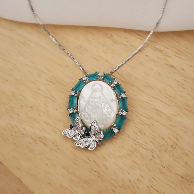COLAR BANHO DE  PRATA PINGENTE NOSSA SENHORA E BORBOLETA