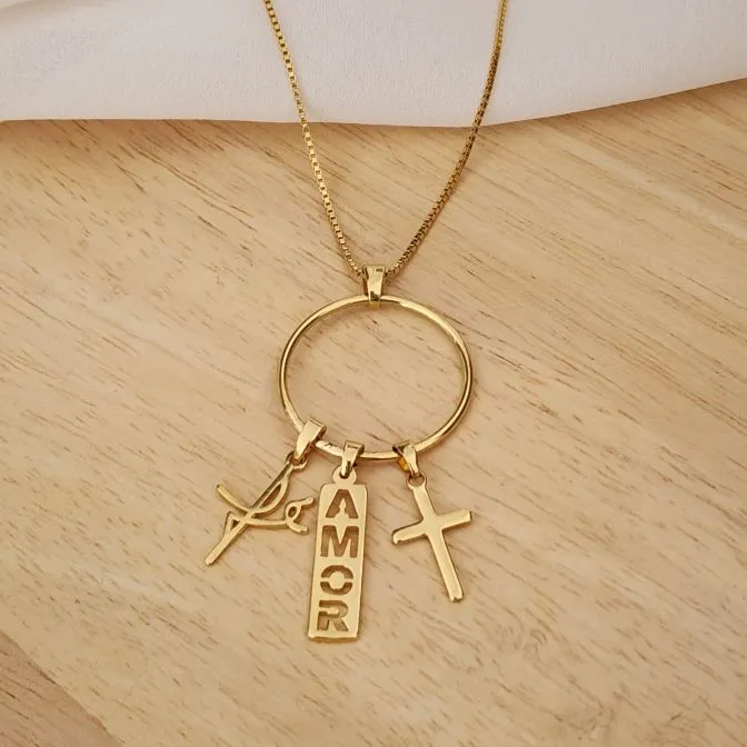 COLAR DOURADO PATUÁ AMOR FÉ CRUZ
