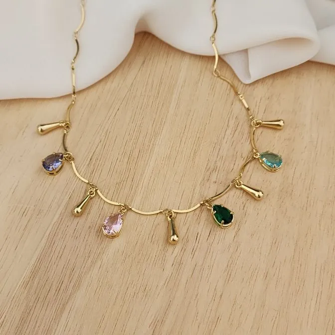 COLAR DOURADO PINGENTES GOTA ZIRCÔNIAS MULTICOLORIDO
