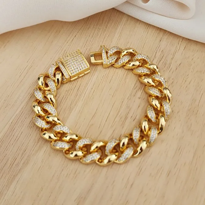 PULSEIRA BRACELETE DOURADA CORRENTES LARGAS CRAVEJADA E FECHO GAVETA