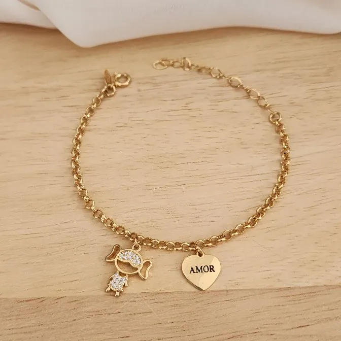 PULSEIRA DOURADA CORRENTE ELO PORTUGUÊS PINGENTE MENINA CRAVEJADA E CORAÇÃO