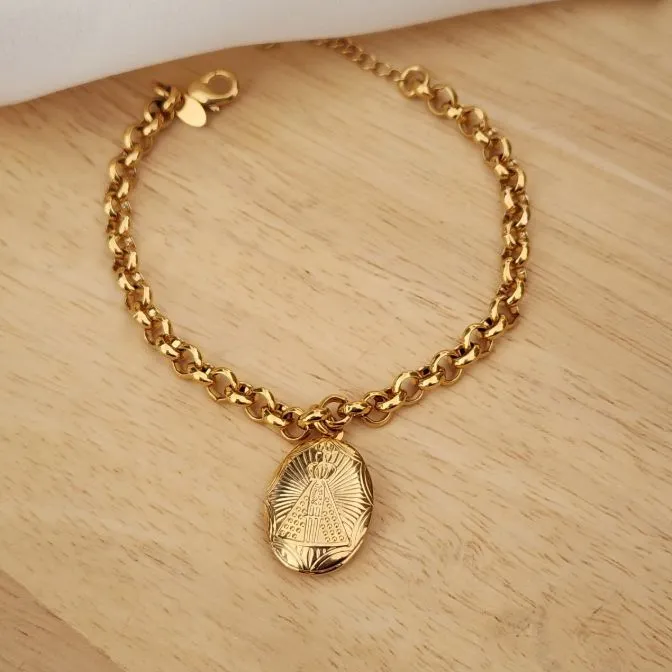 PULSEIRA DOURADA ELO PORTUGUÊS RELICÁRIO NOSSA SENHORA APARECIDA
