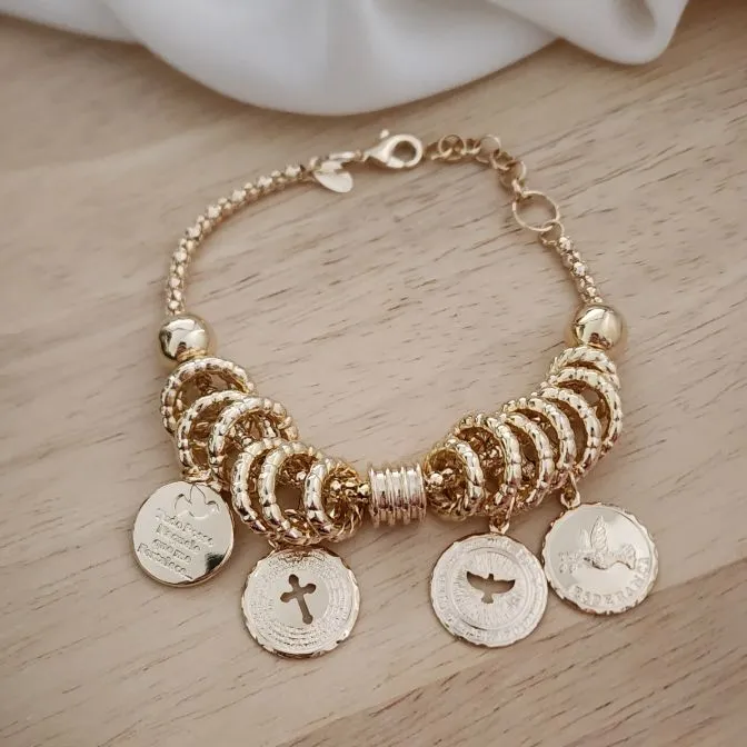 PULSEIRA CORRENTE COM PINGENTES RELIGIOSOS E DIVINO ESPÍRITO SANTO